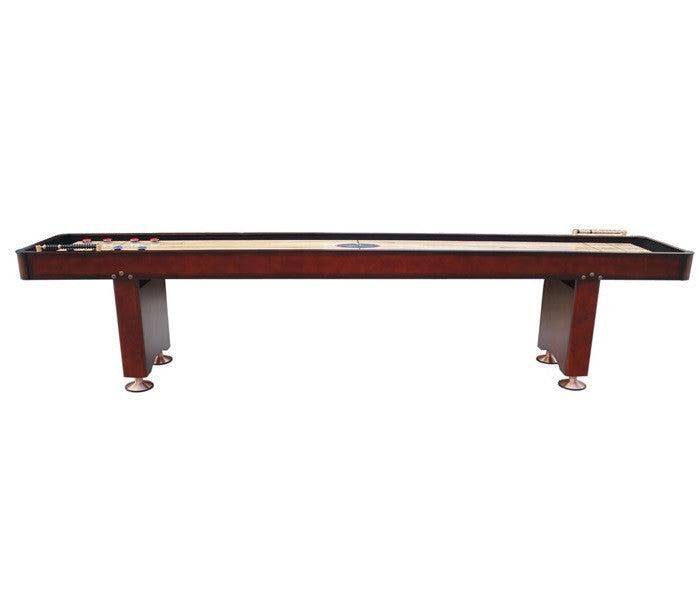 Playcraft Georgetown 14' Shuffleboard Table in Cherry with game pieces and scoreboard on top.