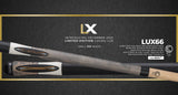 Two Lucasi Lux® LUX66 Pool Cues shown diagonally with product details.