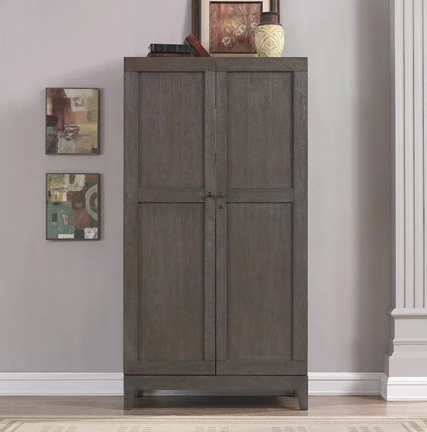 American Heritage Billiards Fairfield Glacier on Oak wine cabinet with decor and stemware holders.