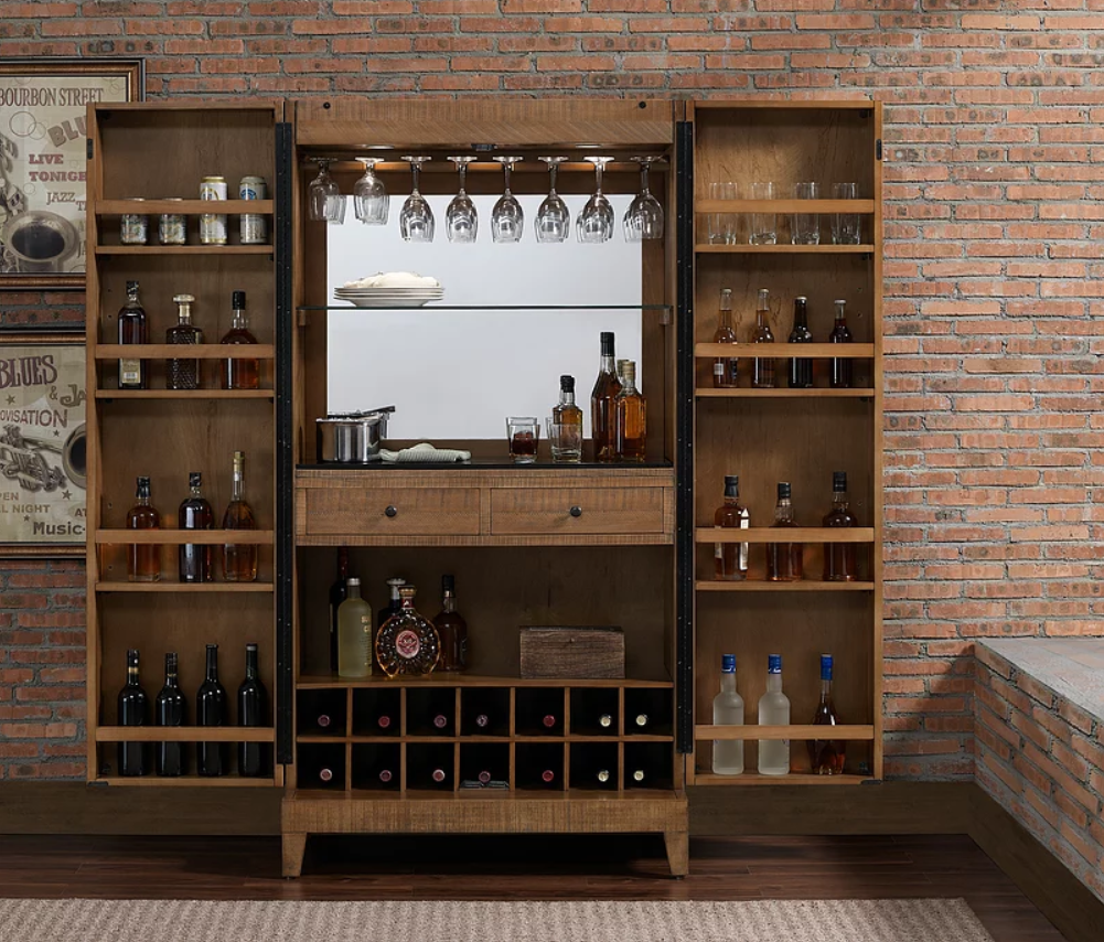 American Heritage Billiards Braxton Cabinet with shelves and stemware holders for wine and spirits.