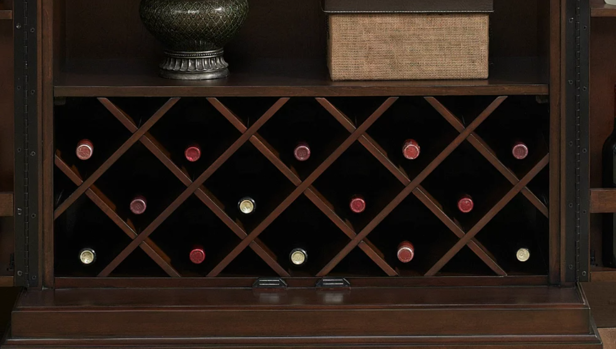 The American Heritage Billiards Jordan Wine Cabinet in Navajo is ideal for wine bar displays.