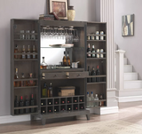 The American Heritage Billiards Fairfield Wine Cabinet in Glacier on Oak displays bottles and glasses.