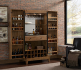 American Heritage Billiards Braxton Wine and Spirit Cabinet with open doors and bar accessories.
