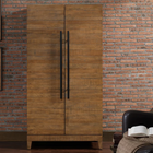 American Heritage Billiards Braxton wine and spirit cabinet with stemware holders, by brick wall.