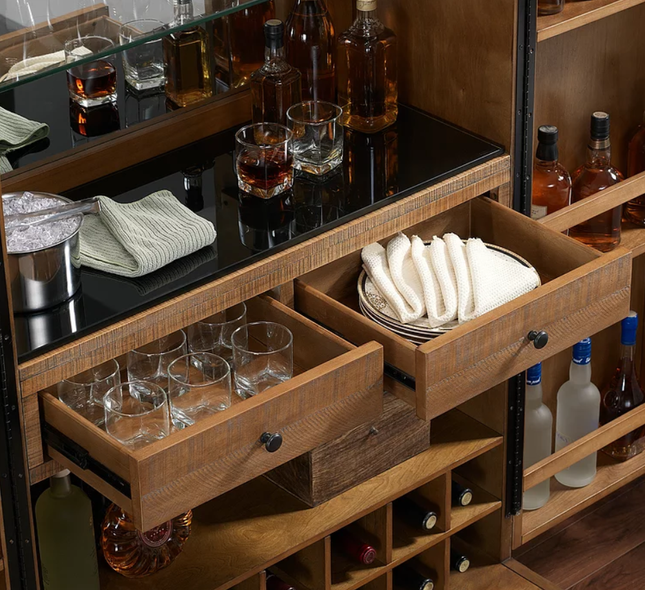 American Heritage Billiards Braxton Cabinet with open drawers, stemware holders, and bottle shelves.