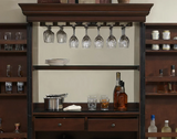 American Heritage Billiards Jordan Wine Cabinet in Navajo with mirrored back and hanging glasses.