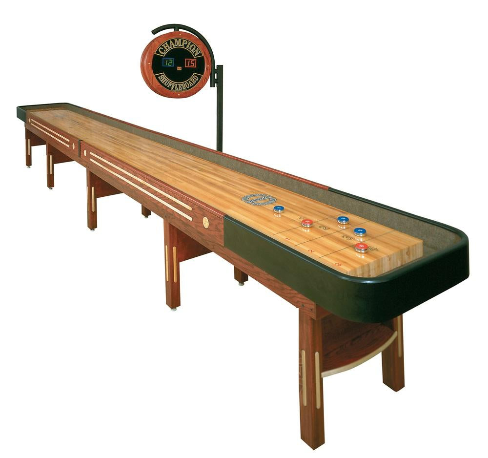 Champion 9' The Grand Champion Shuffleboard Table by Champion with maple surface, pucks & scoreboard.