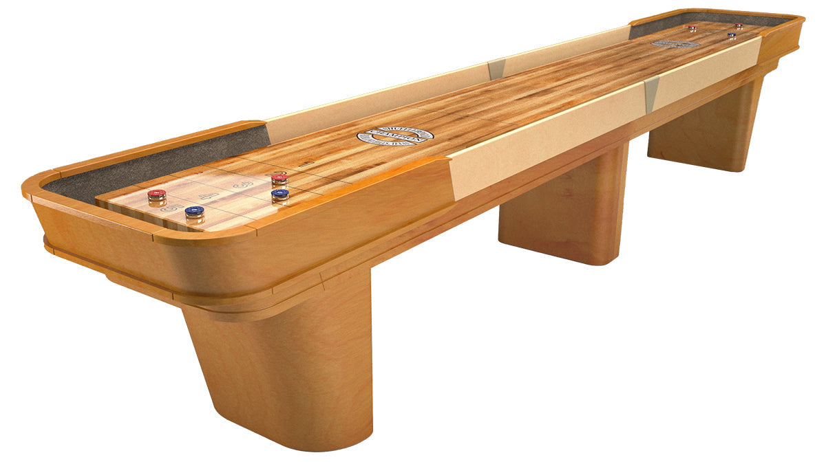 Champion Capri 9' Shuffleboard Table by Champion, with pucks on its surface.