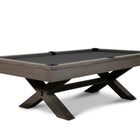 The Nixon Billiards CrissyCross 7' Slate Pool Table features a charcoal finish and X-shaped legs.