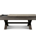 Nixon Billiards CrissyCross 7' Slate Pool Table, Charcoal finish, partial cover, white backdrop.