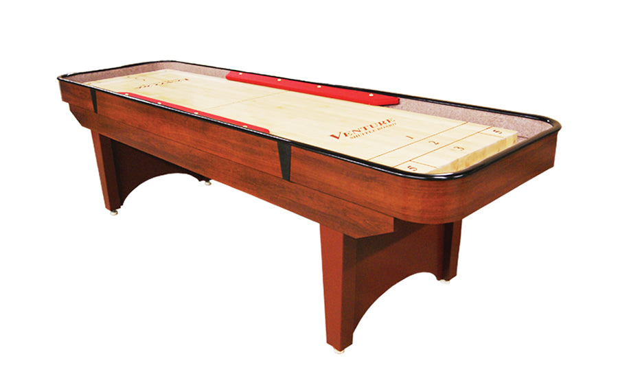 Venture Classic Bank Shot 9' Shuffleboard Table with light surface and bold red accents.