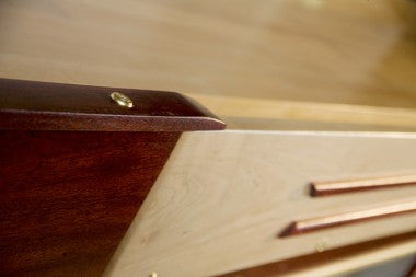 Close-up of a drawer on the Venture Grand Deluxe 18' Shuffleboard Table, hardware visible.
