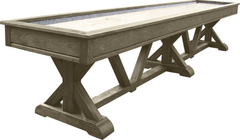 Playcraft Brazos River 14' shuffleboard table in weathered gray with X legs and smooth surface.