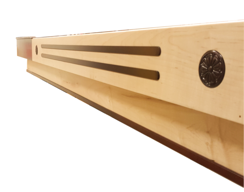 Close-up of Champion 9' The Grand Champion Shuffleboard Table beam with two grooves and medallion.