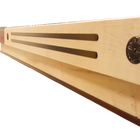 Close-up of Champion 9' The Grand Champion Shuffleboard Table beam with two grooves and medallion.