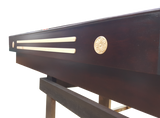 Close-up of the Champion Grand Champion 9' Shuffleboard Table with gold accents and Lifetime Polymer.