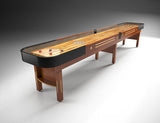 Champion 9' The Grand Champion Shuffleboard Table by Champion with classic pucks shown.