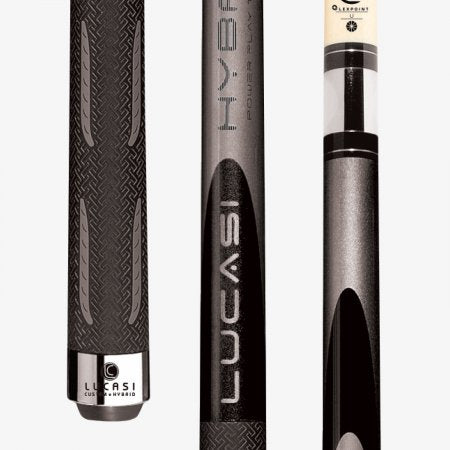 Three close-ups of the Lucasi Hybrid® L-H40 Pool Cue with textured grip and low deflection shaft.