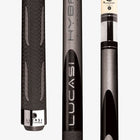 Three close-ups of the Lucasi Hybrid® L-H40 Pool Cue with textured grip and low deflection shaft.