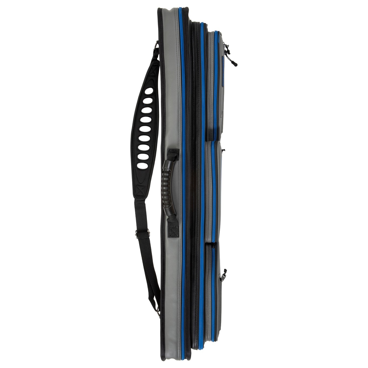 Lucasi Hybrid Rival Case LC348W in grey and blue with black handles and zippers, side view.