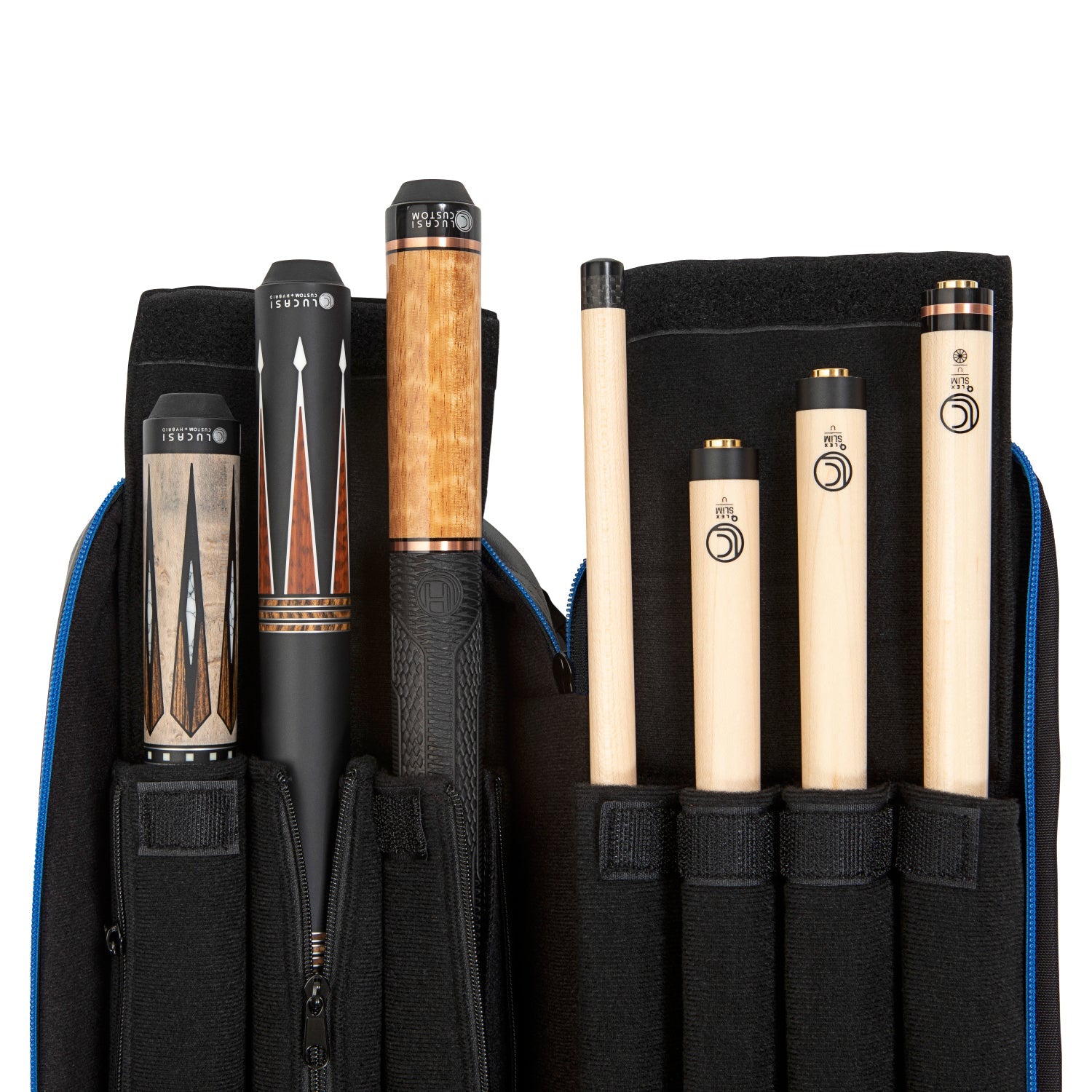 Lucasi Hybrid Rival Case LC348W showing four cues: two black handles, two light wood shafts.