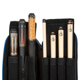 Lucasi Hybrid Rival Case LC348W showing four cues: two black handles, two light wood shafts.