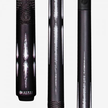 Three Lucasi Pinnacle LP20 carbon fiber cues with silver and white inlay highlight innovation.
