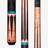 Close-up of a Lucasi Pinnacle LP30 Carbon Fiber Cue with black, tan, and turquoise accents.