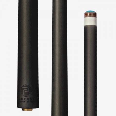 Close-up of three sections of the Lucasi Pinnacle LP20 carbon fiber cue with a blue tip.