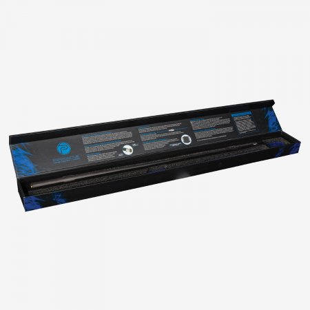 Lucasi Pinnacle LP20 carbon fiber cue in open blue and black box with text inside the lid.