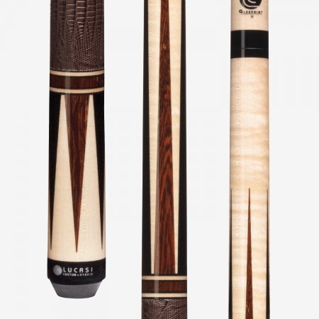 Three views of the Lucasi Lux® LUX51 cue, highlighting its detailed grain, inlays, and shaft.