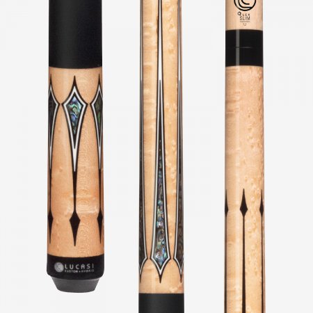 Three views of the Lucasi Lux® LUX52 Pool Cue with black inlays, low deflection shaft, and Everest tip.