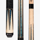Three views of the Lucasi Lux® LUX54 cue with blue inlays, low deflection shaft, and hybrid label.