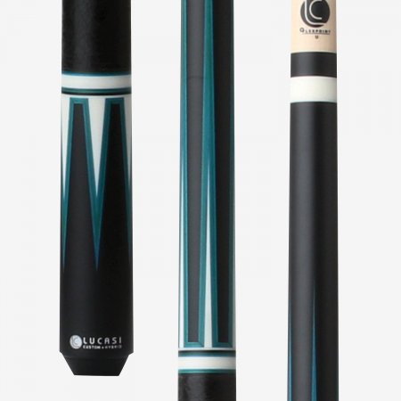Three views of the Lucasi Lux® LUX56 Pool Cue with black leather wrap and blue geometric design.