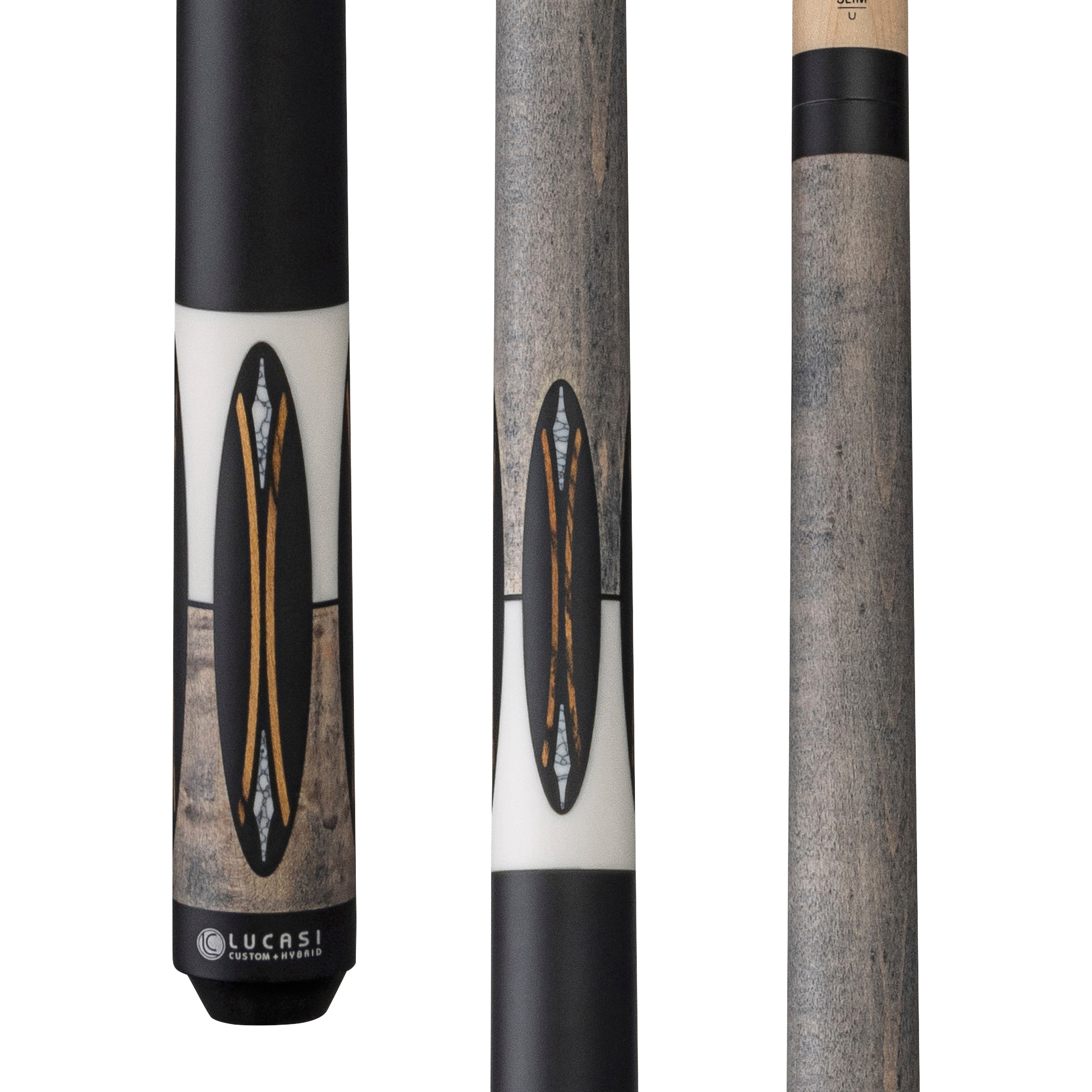 Close-up of a Lucasi Lux® LUX66 cue with a gray, black, and white geometric design.