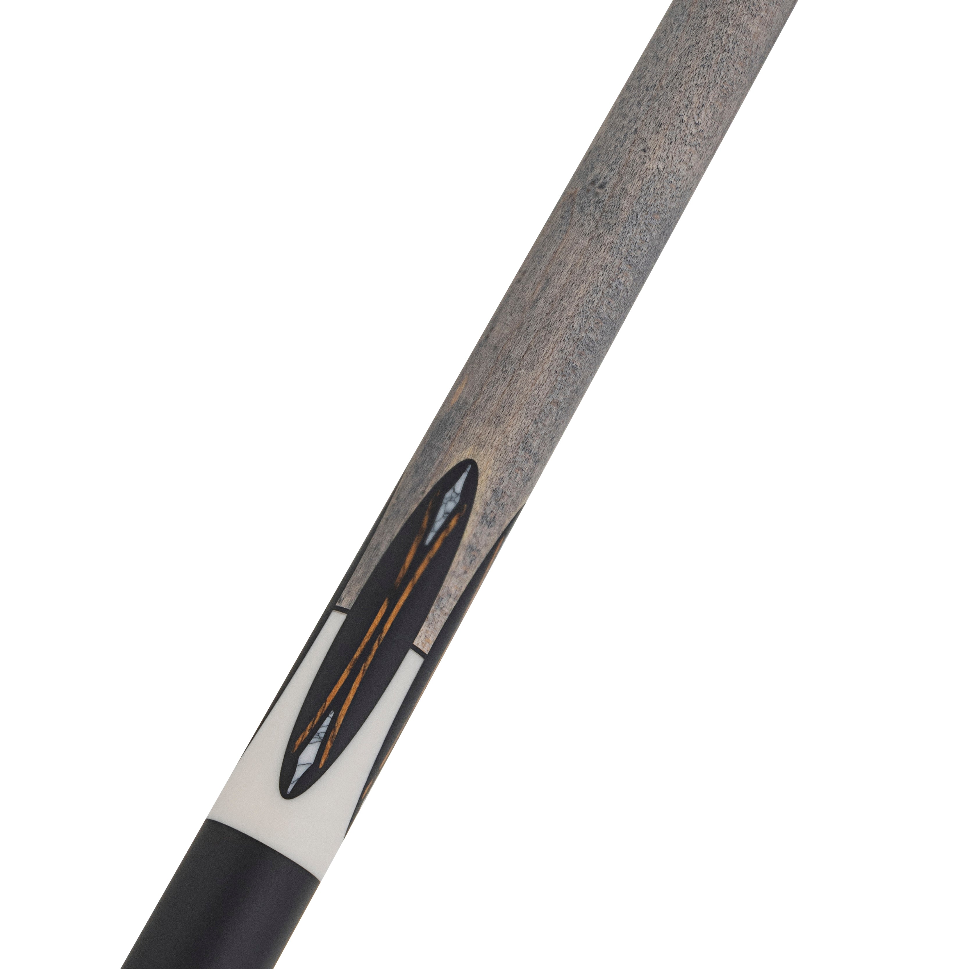 Close-up of the Lucasi Lux® LUX66 Pool Cue featuring a gray wood finish and decorative inlay.