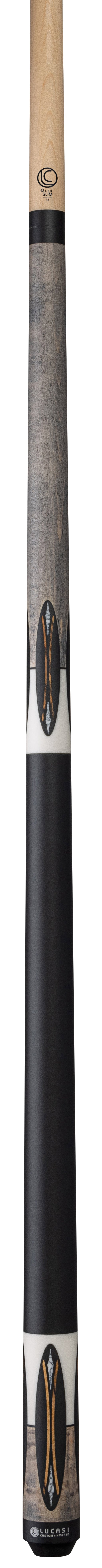 Close-up of Lucasi Lux® LUX66 cue's black and wood-patterned handle by Lucasi.