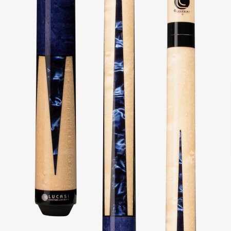 Close-up of the Lucasi Custom® LZC16 Pool Cue with Birdseye Maple, blue accents, and logo detail.