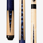 Close-up of the Lucasi Custom® LZC16 Pool Cue with Birdseye Maple, blue accents, and logo detail.