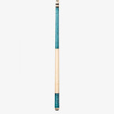 Vertically shown Lucasi Custom® LZC3 Pool Cue in teal and cream with low deflection shaft.