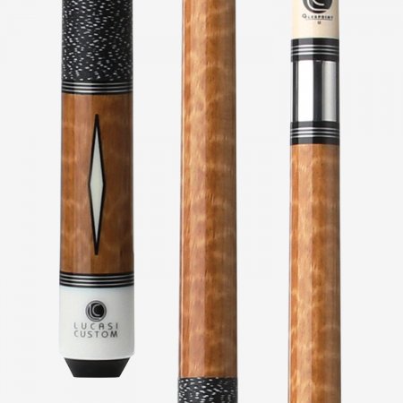 Three views of the Lucasi Custom® LZD3 Pool Cue with wood grain, linen wrap, and black-white accents.