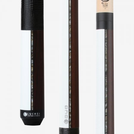 Three Lucasi Custom® LZDU11 pool cues with leather wrap and low-deflection shafts are shown.