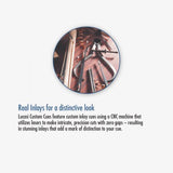 Close-up of precision tools and wood for custom inlays on a Lucasi Custom® LZC18 cue handle.