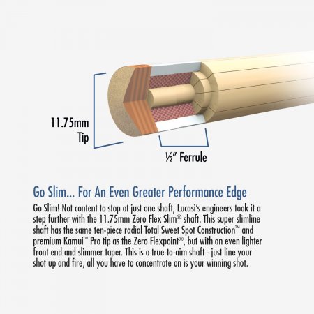 Cross-section of Lucasi Hybrid® L-H40 cue shaft with 11.75mm tip and ½ ferrule.