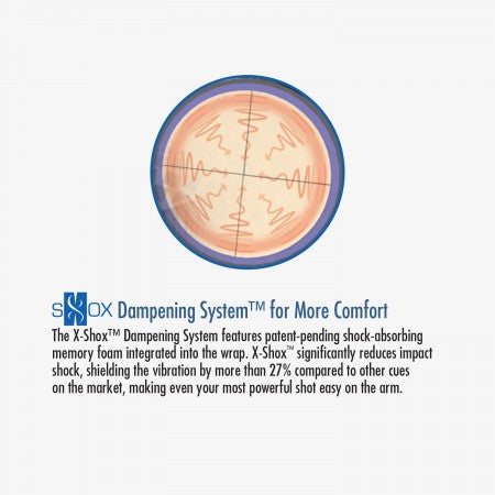 Circular graphic with wavy lines highlights Lucasi Hybrid® L-H40 Pool Cue's dampening system.