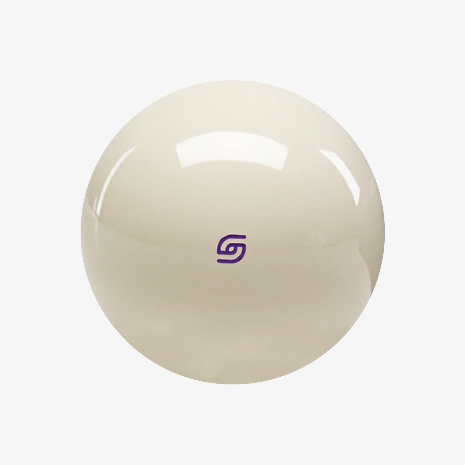 A glossy white Aramith magnetic cue ball with a small purple logo at the center.