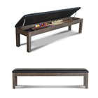 A wooden bench with lift-up seat pairs well with the Nixon CrissyCross 7' Slate Pool Table.