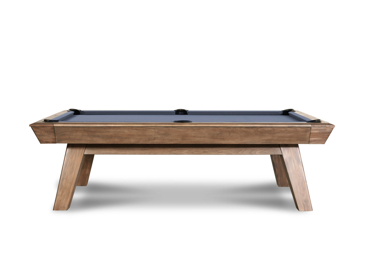 Nixon Desyn 8' Slate Pool Table in Walnut, blue felt, angled legs—front view.