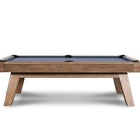 Nixon Desyn 8' Slate Pool Table in Walnut, blue felt, angled legs—front view.