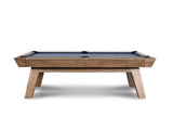 Nixon Desyn 8' Slate Pool Table in Walnut, blue felt, angled legs—front view.